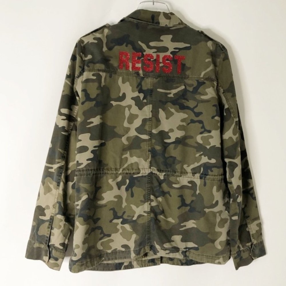 Love Tree Camo Utility Jacket with Red 'RESIST' Back Detail